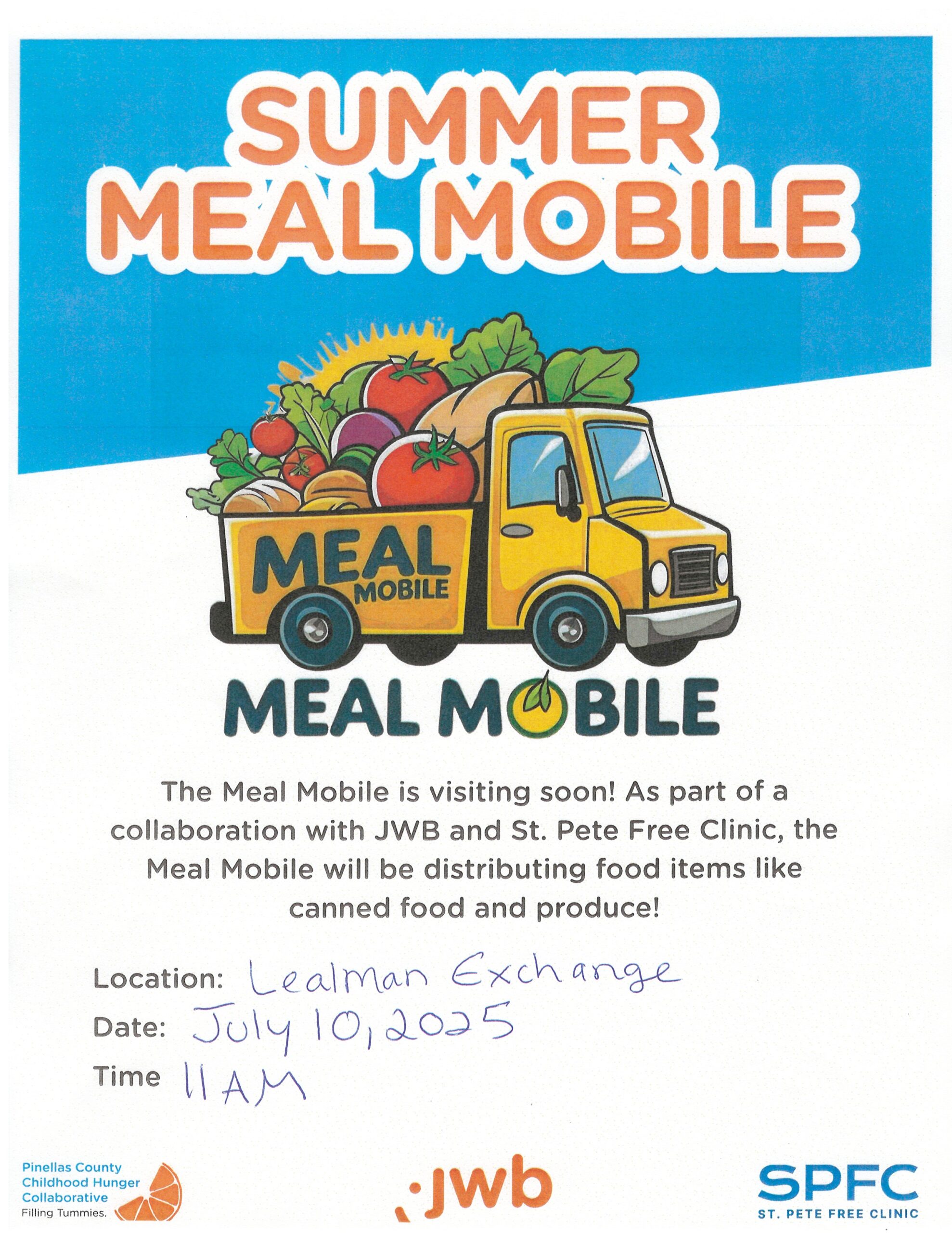 A flyer advertising the Meal Mobile, featuring a cartoon truck filled with produce.