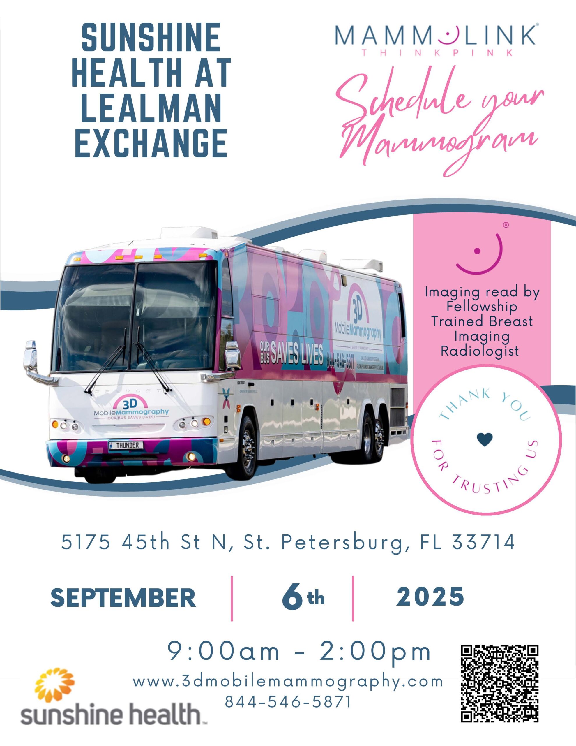 Flyer with a photo of the mammogram bus