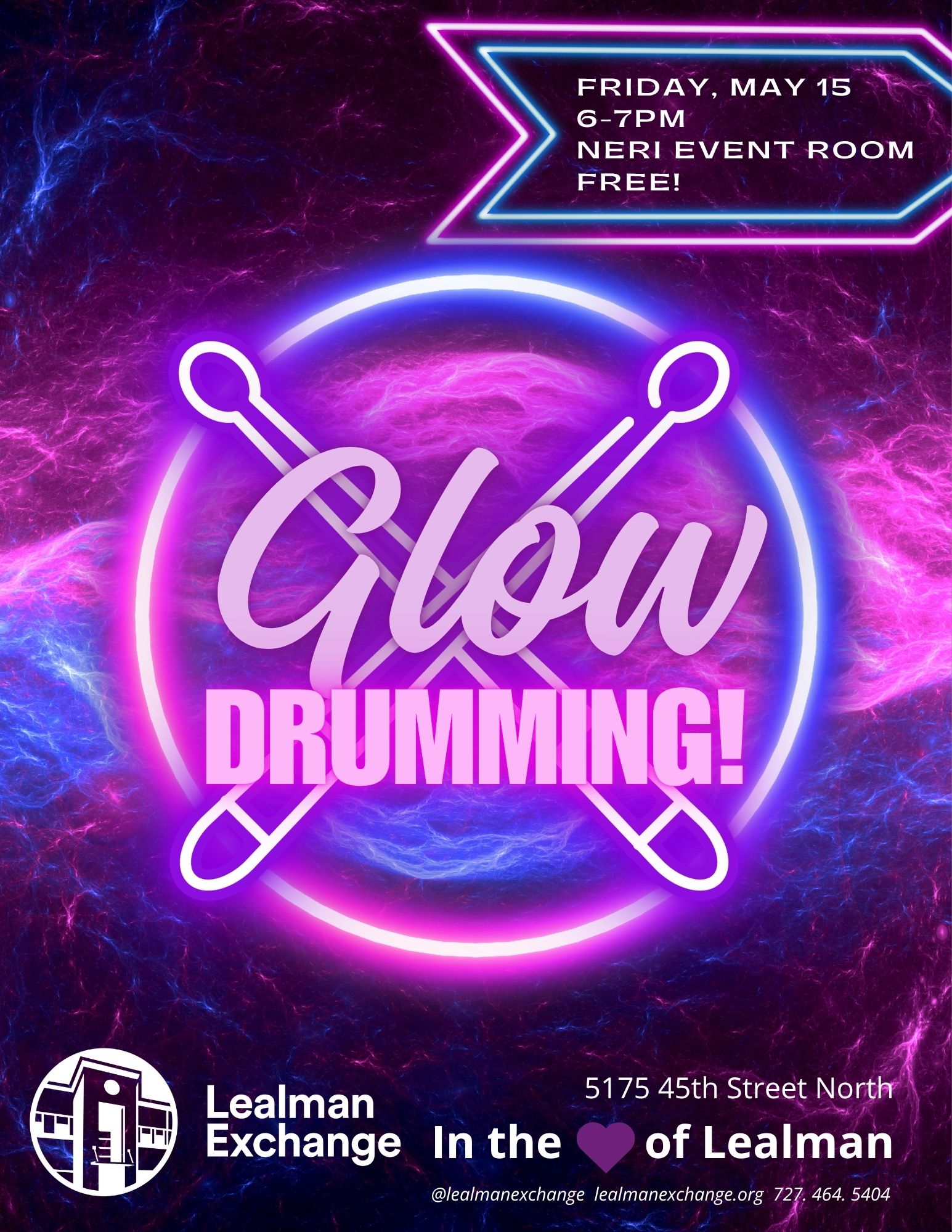 flyer for a glow in the dark cardio drumming class