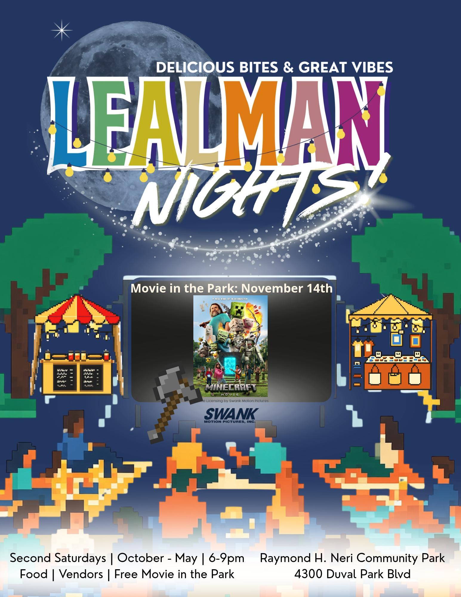 Dark Blue and Yellow Illustration NIght Flea Market Poster